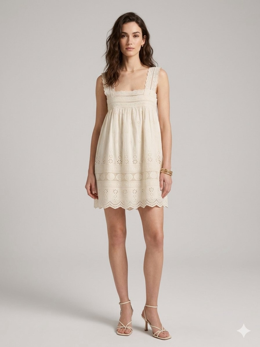 Mable Square Neckline Eyelet Mini Dress Cream Sundress - Women Size M
